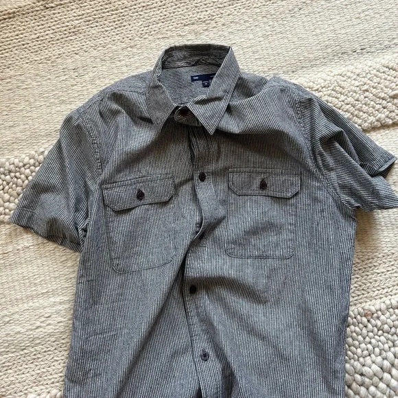 GAP Workshirt Short Sleeve Linen Cotton Blend - Medium Slim, Gray with White Str - Picture 2 of 5